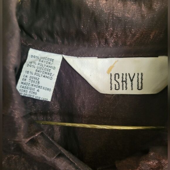 Ishyu collared button down long sleeve chocolate and gold.shimmer blouse, sz 8 - Picture 3 of 7